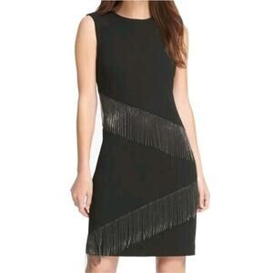 DKNY Women's Sleeveless Black Sheath Dress With Chain Fringe Plus Size 16 New